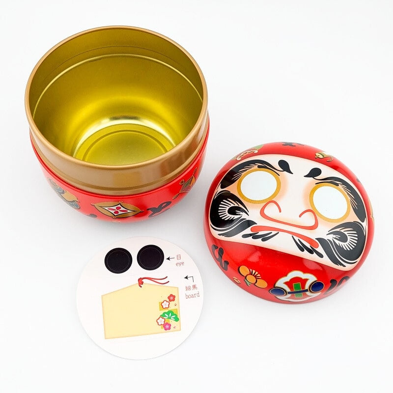 Czerwone metalowe pudełko na herbatę Daruma