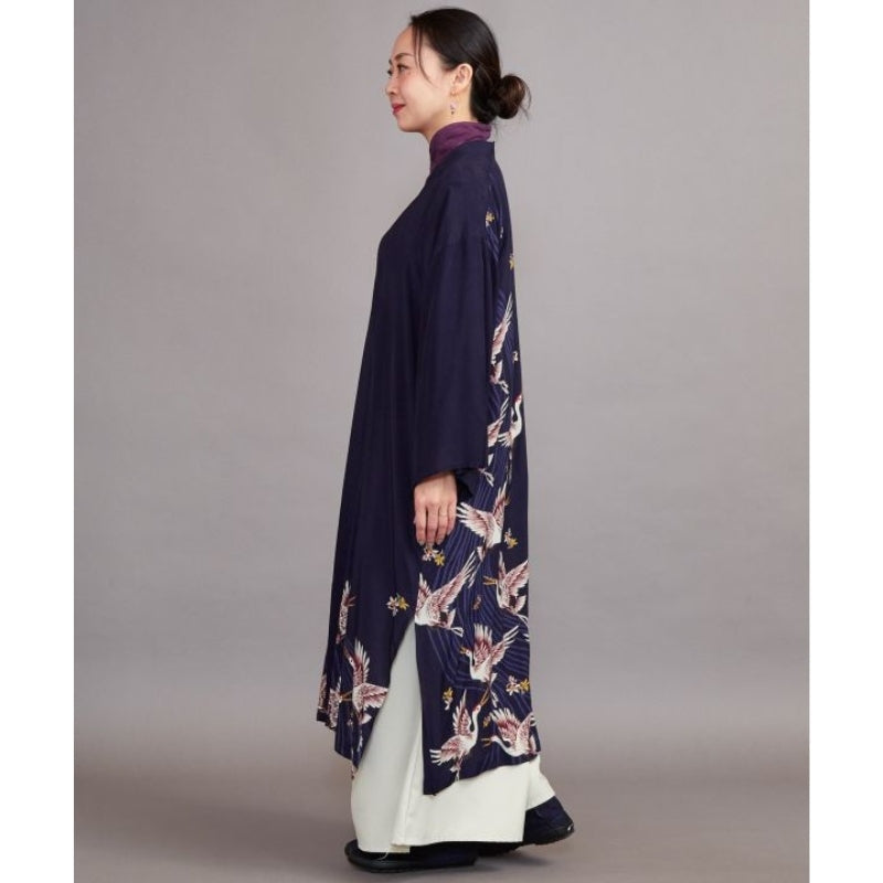 Damskie długie kimono z żurawiem Uniwersalny rozmiar
