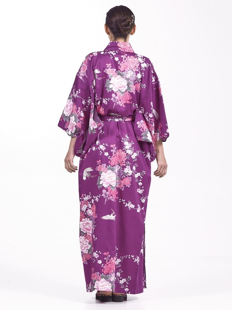 Damskie japońskie kimono fioletowe piwonia i żuraw Uniwersalny rozmiar