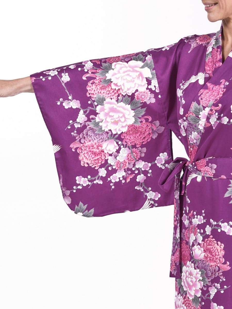 Damskie japońskie kimono fioletowe piwonia i żuraw Uniwersalny rozmiar