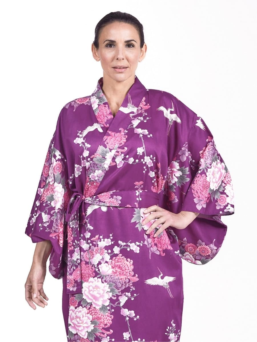 Damskie japońskie kimono fioletowe piwonia i żuraw Uniwersalny rozmiar