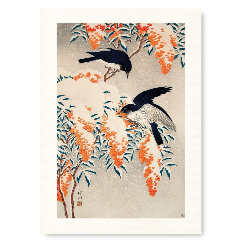 Flycatches on Snow Covered Nandina - japoński plakat A3