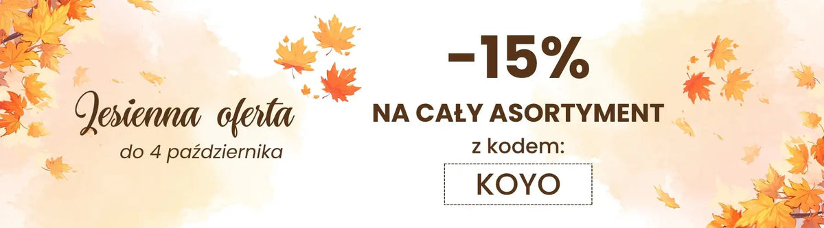 Jesienny baner promocyjny z opadającymi pomarańczowymi i żółtymi liśćmi klonu, z ofertą -15% zniżki na całą ofertę.