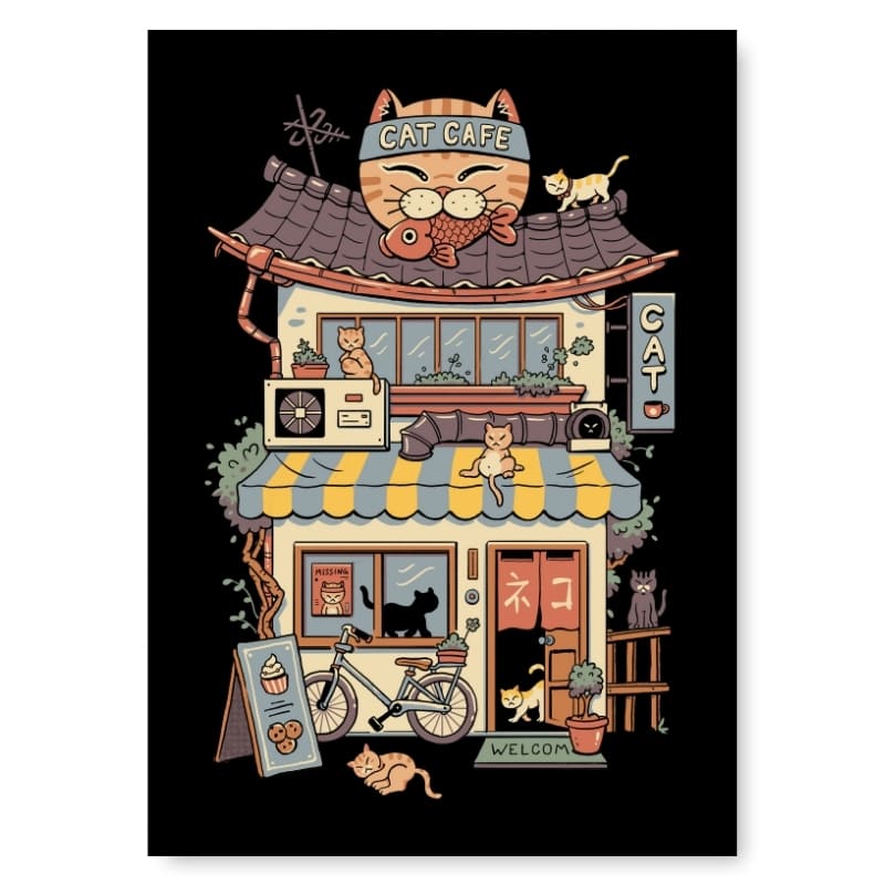 Neko Café - japoński plakat z kocią kawiarnią A3