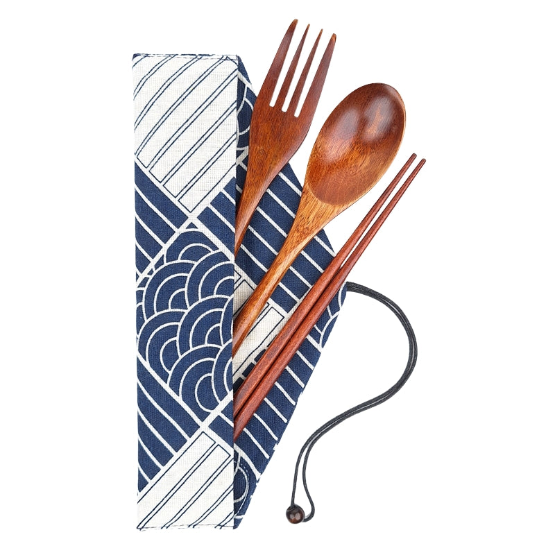 Japoński Zestaw Drewnianych Sztućców z Niebieskim Etui