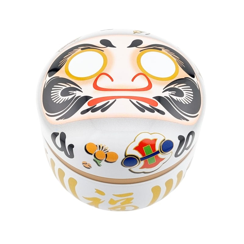 Białe metalowe pudełko na herbatę Daruma