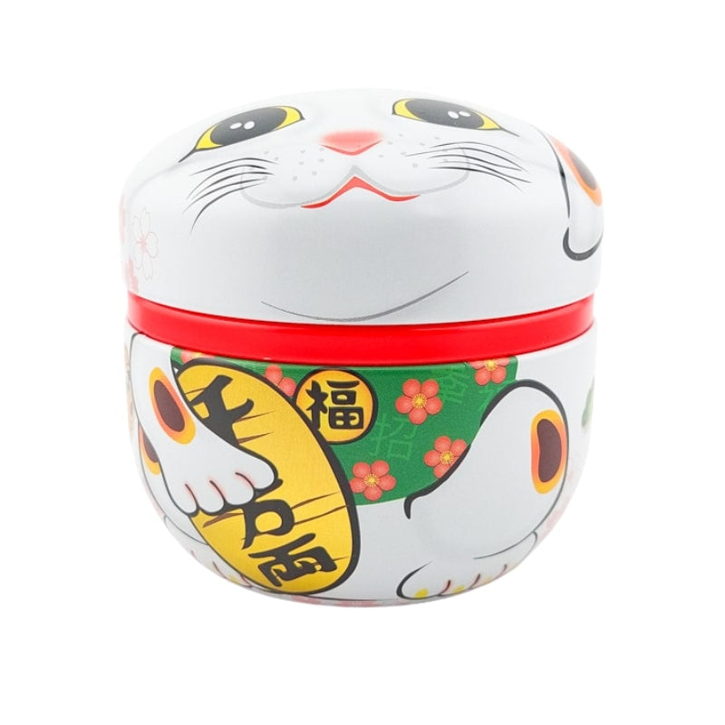 Białe metalowe pudełko na herbatę Maneki Neko