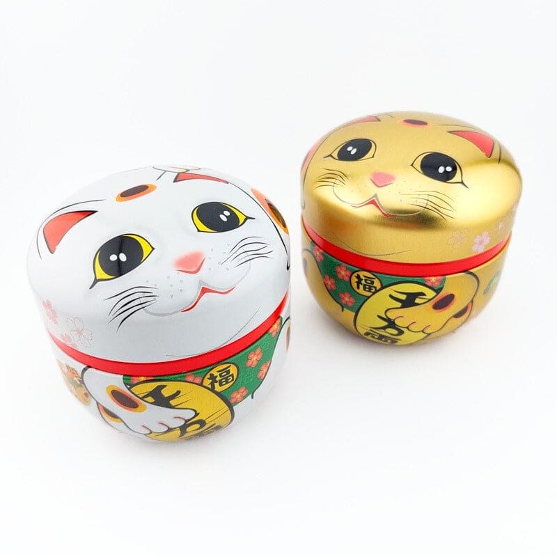 Białe metalowe pudełko na herbatę Maneki Neko