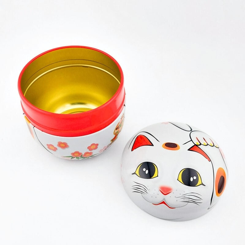 Białe metalowe pudełko na herbatę Maneki Neko