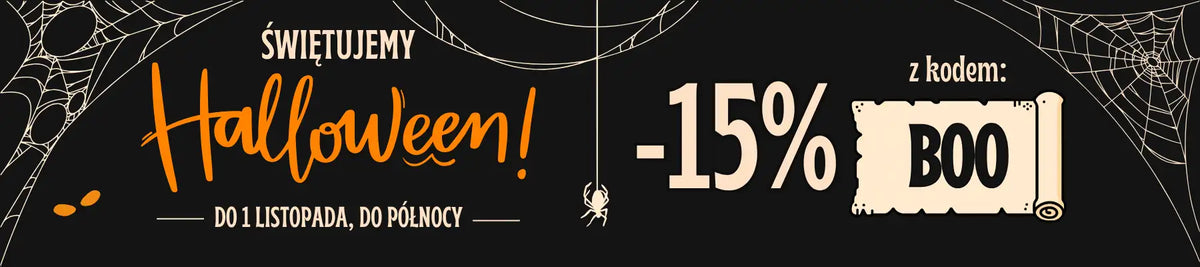 Czarny promocyjny baner w halloweenowym stylu z pomarańczowym i białym tekstem reklamującym 15% zniżki przy użyciu kodu „boo”.