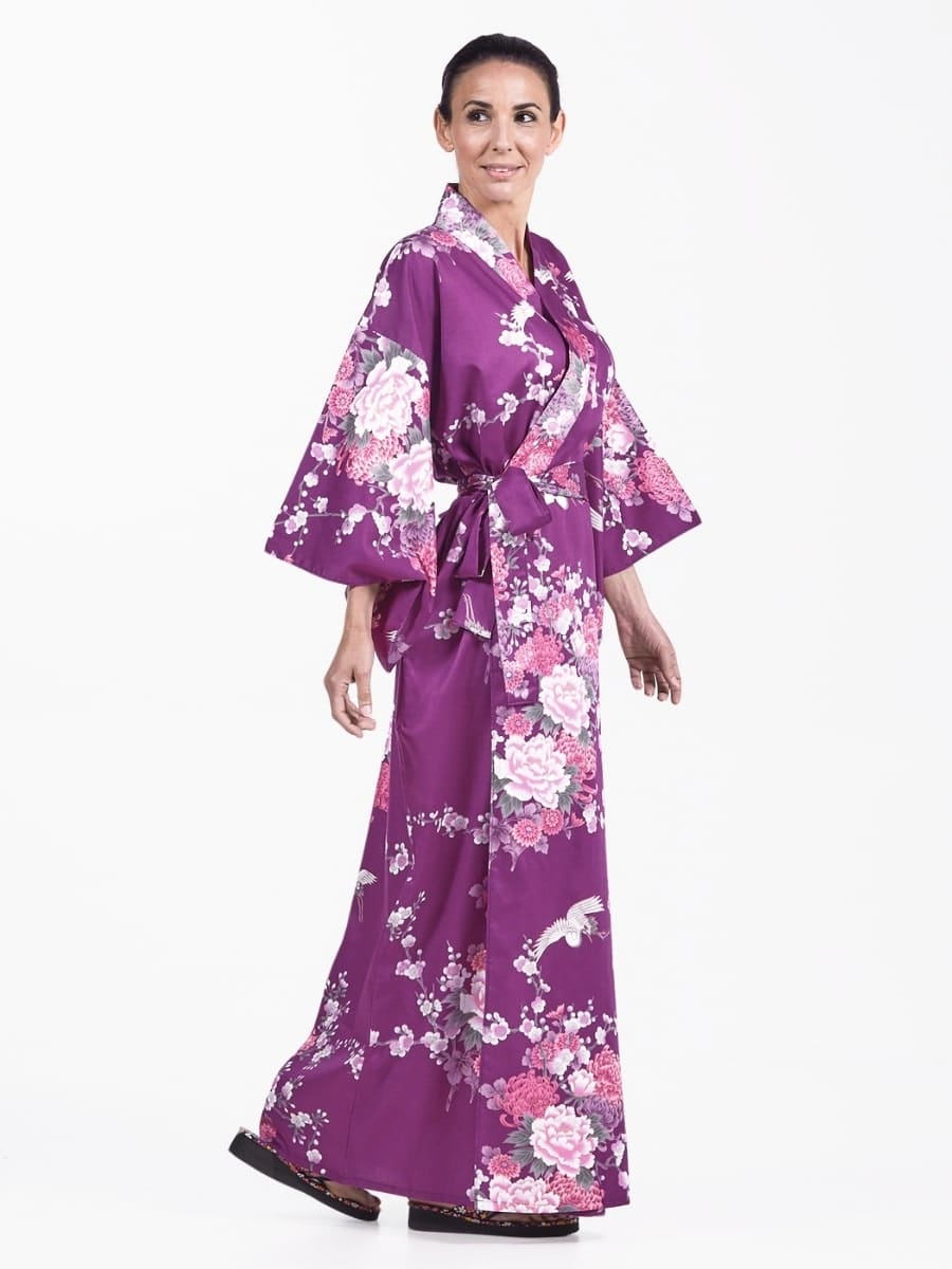 Damskie japońskie kimono fioletowe piwonia i żuraw Uniwersalny rozmiar