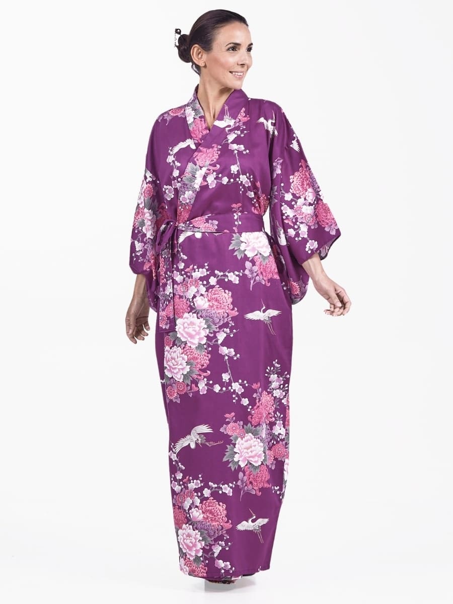 Damskie japońskie kimono fioletowe piwonia i żuraw Uniwersalny rozmiar