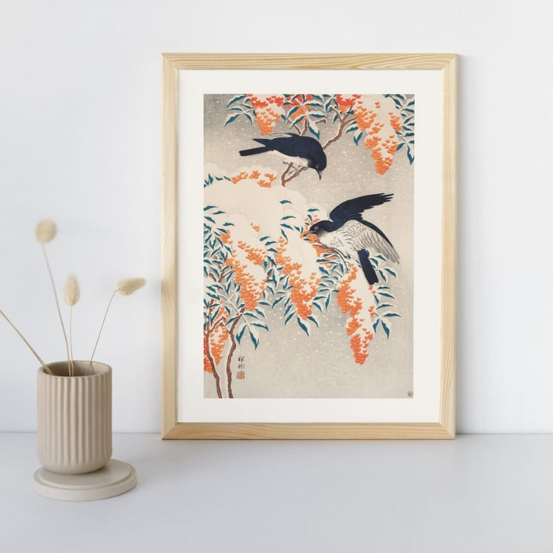 Flycatches on Snow Covered Nandina - japoński plakat A3