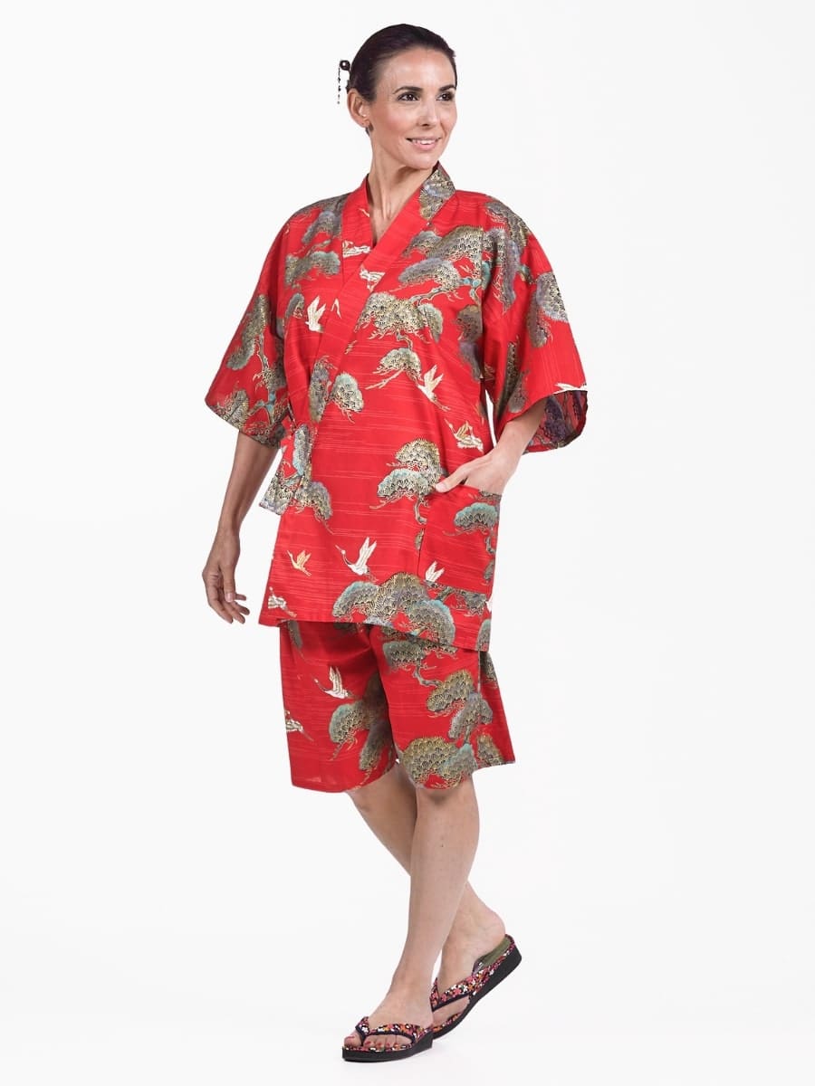 Japońska koszulka damska Jinbei Red Crane & Pine S