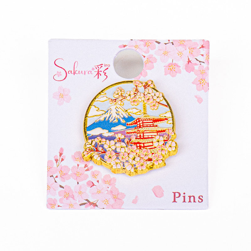 Japońska Metalowa Przypinka - Światynia Fuji i Sakura