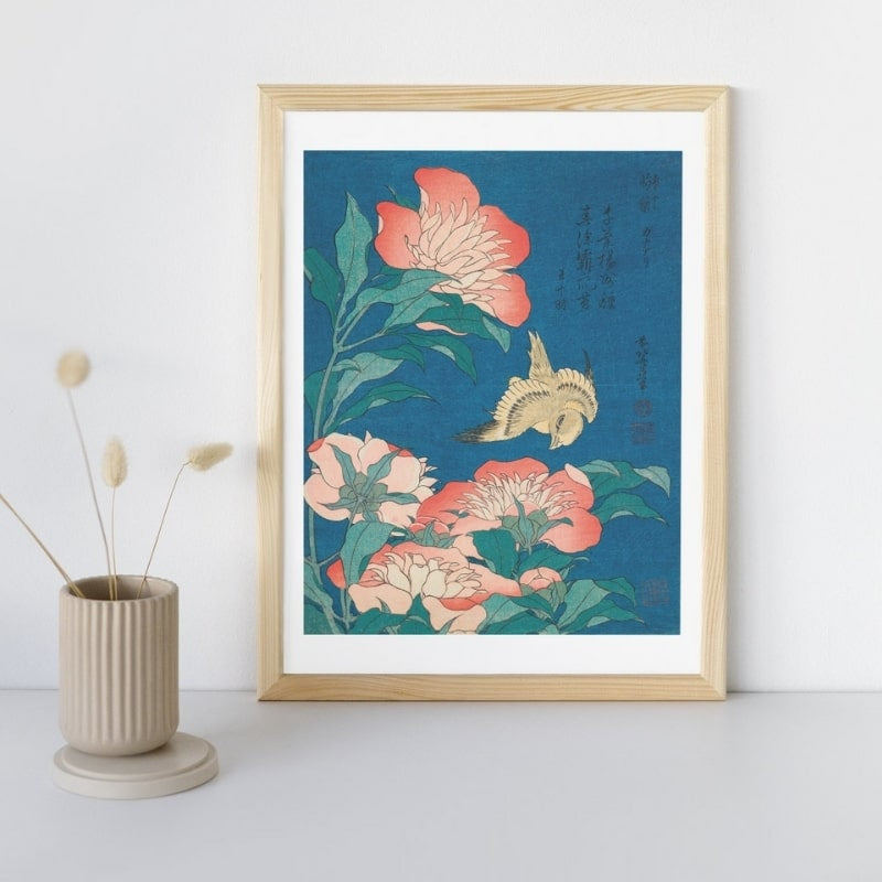 Japoński nadruk Peonies & Canary A3