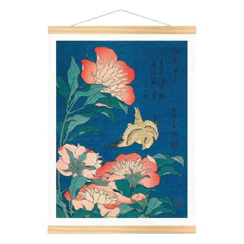 Japoński nadruk Peonies & Canary A3