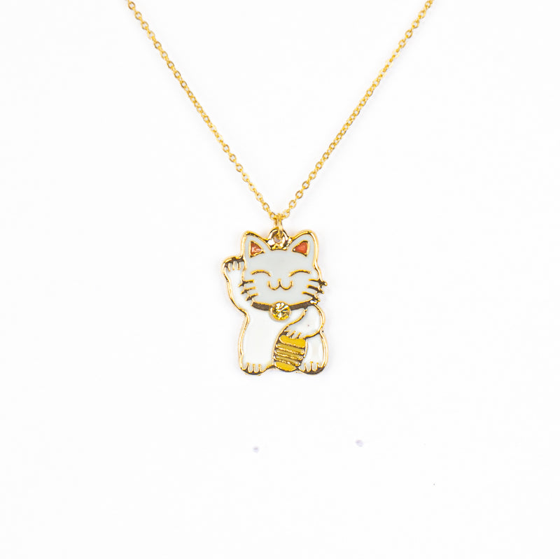 Japoński Naszyjnik z Zawieszką Maneki-Neko - Biało-Złotą