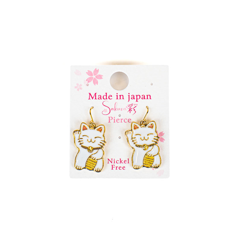 Japońskie Kolczyki Maneki-Neko - Biało-Złote