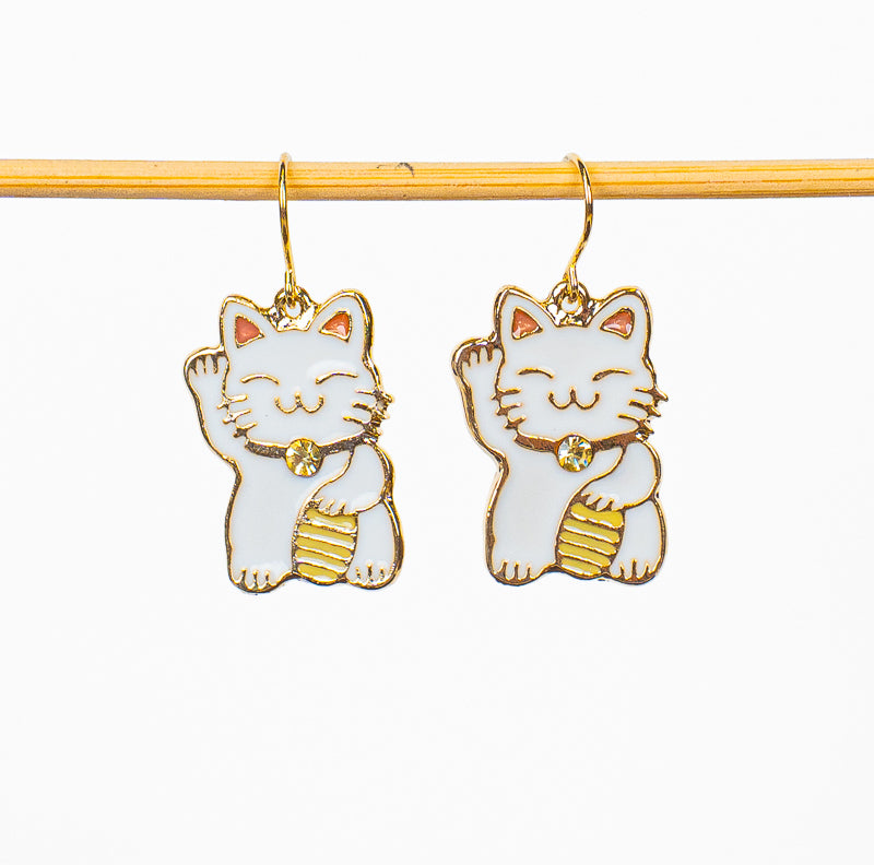 Japońskie Kolczyki Maneki-Neko - Biało-Złote