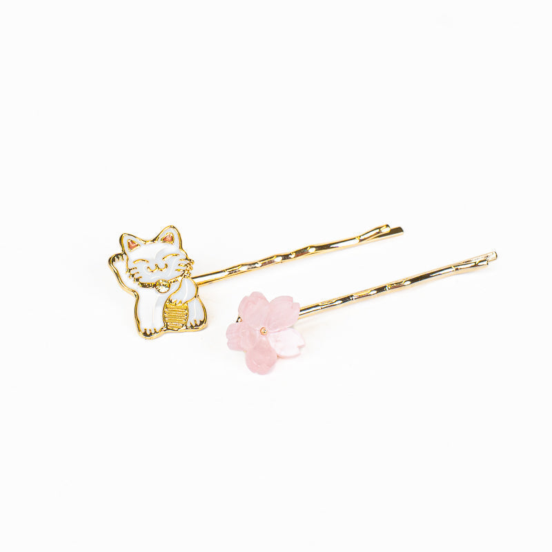 Japońskie Spinki do Włosów - Kot Maneki-Neko i Sakura