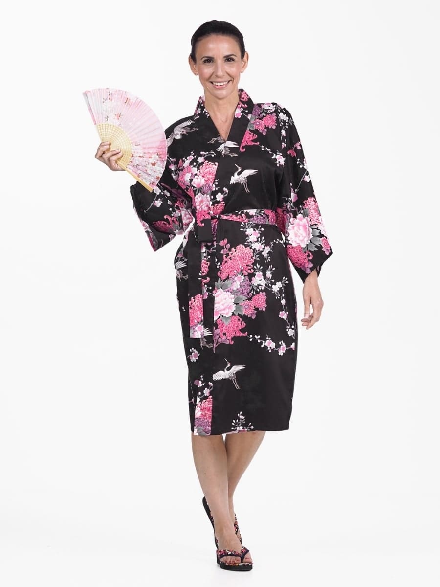 Kimono damskie Happi czarne z żurawiem i kwiatami Uniwersalny rozmiar