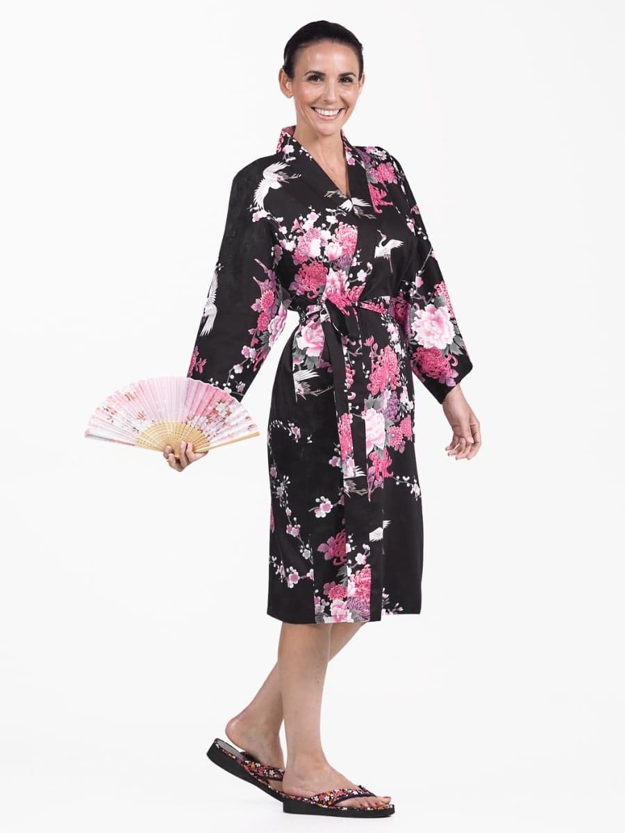 Kimono damskie Happi czarne z żurawiem i kwiatami Uniwersalny rozmiar