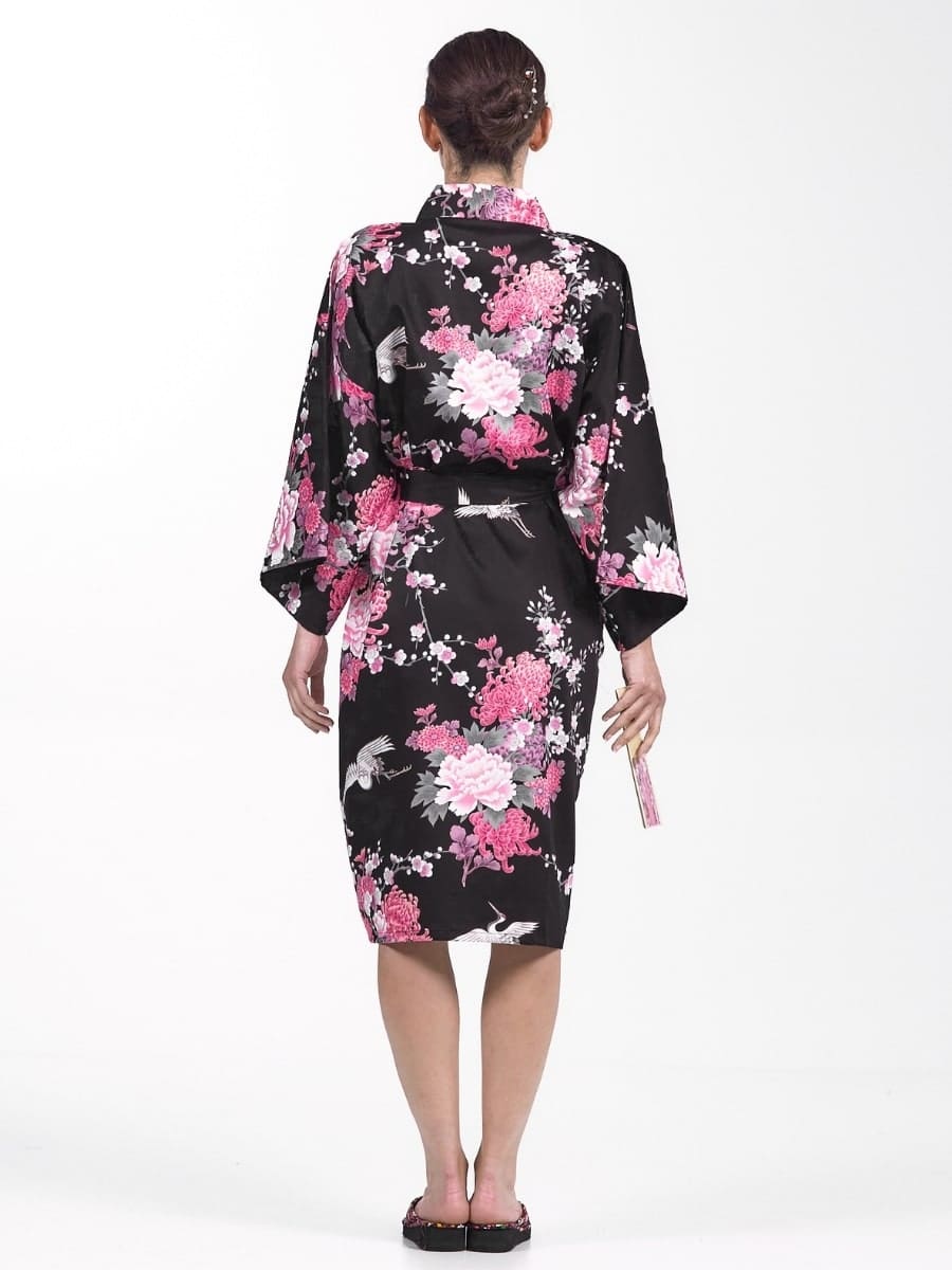 Kimono damskie Happi czarne z żurawiem i kwiatami Uniwersalny rozmiar