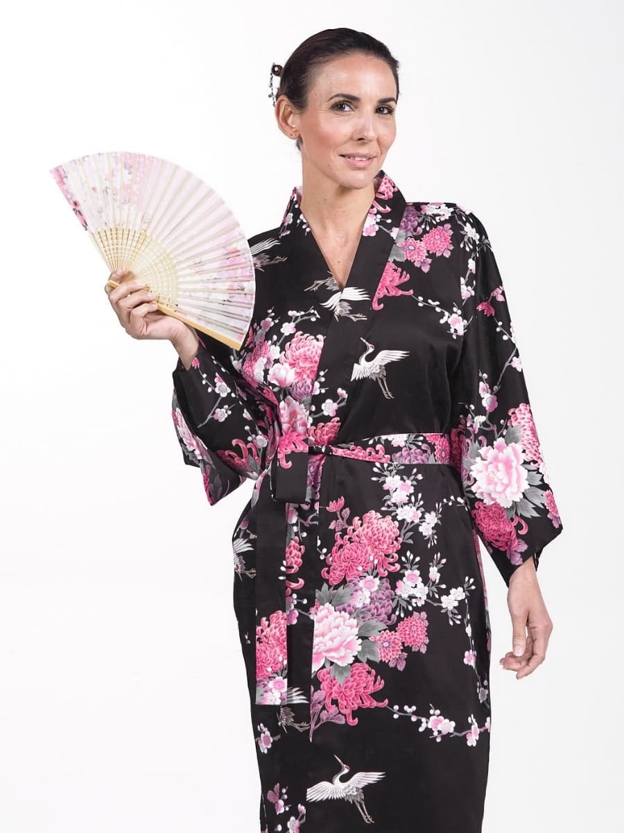Kimono damskie Happi czarne z żurawiem i kwiatami Uniwersalny rozmiar