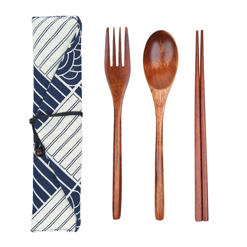 Japoński Zestaw Drewnianych Sztućców z Niebieskim Etui