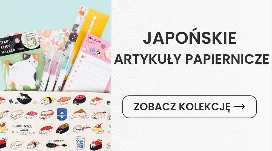 Uroczy zestaw papierniczy w tematyce kawaii, z podstawką do markera z naklejką z kotem i wzorami sushi na opakowaniu.